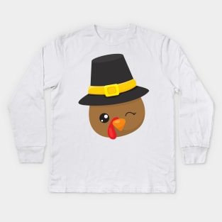 Thanksgiving Turkey, Brown Turkey, Pilgrim Hat Kids Long Sleeve T-Shirt